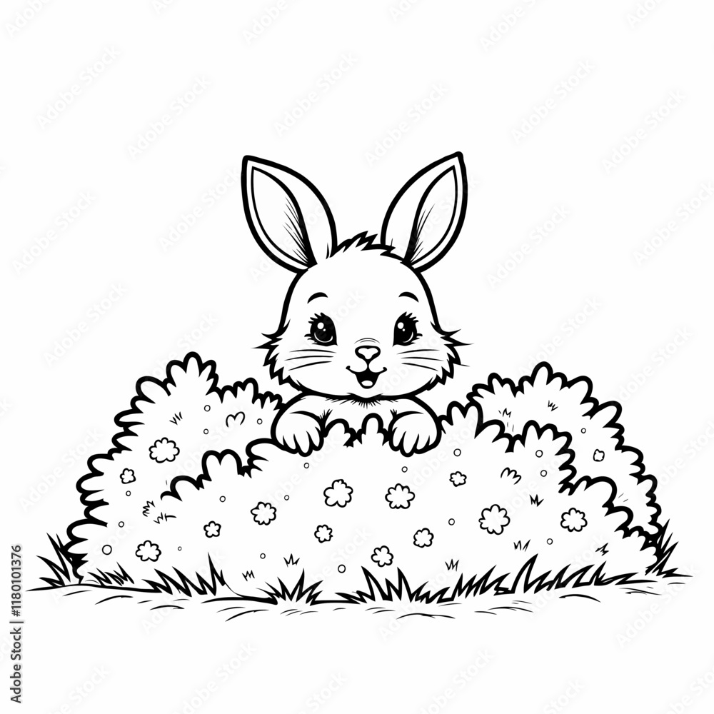 Fototapeta premium Happy cartoon rabbit peeking out from behind a bush