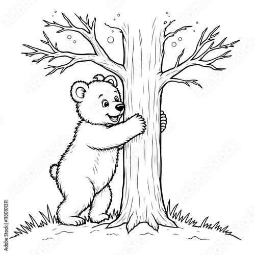 Happy bear hugging a tree in a cartoon style