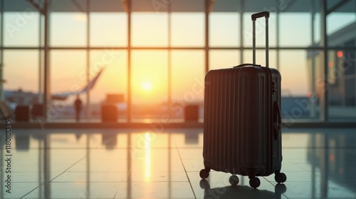 a black suitcase standing upright on a shiny airport floor. The suitcase has a retractable handle and four wheels photo