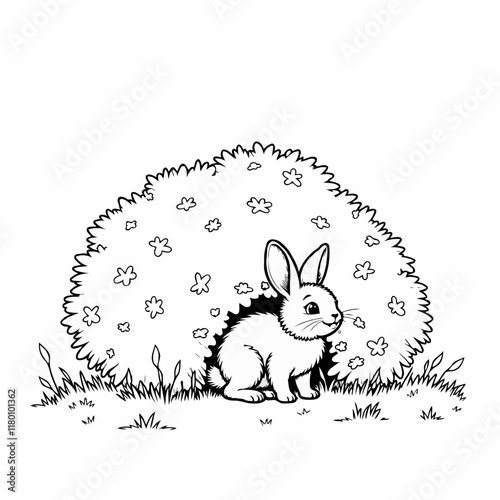 Rabbit hiding behind a bush in a grassy field