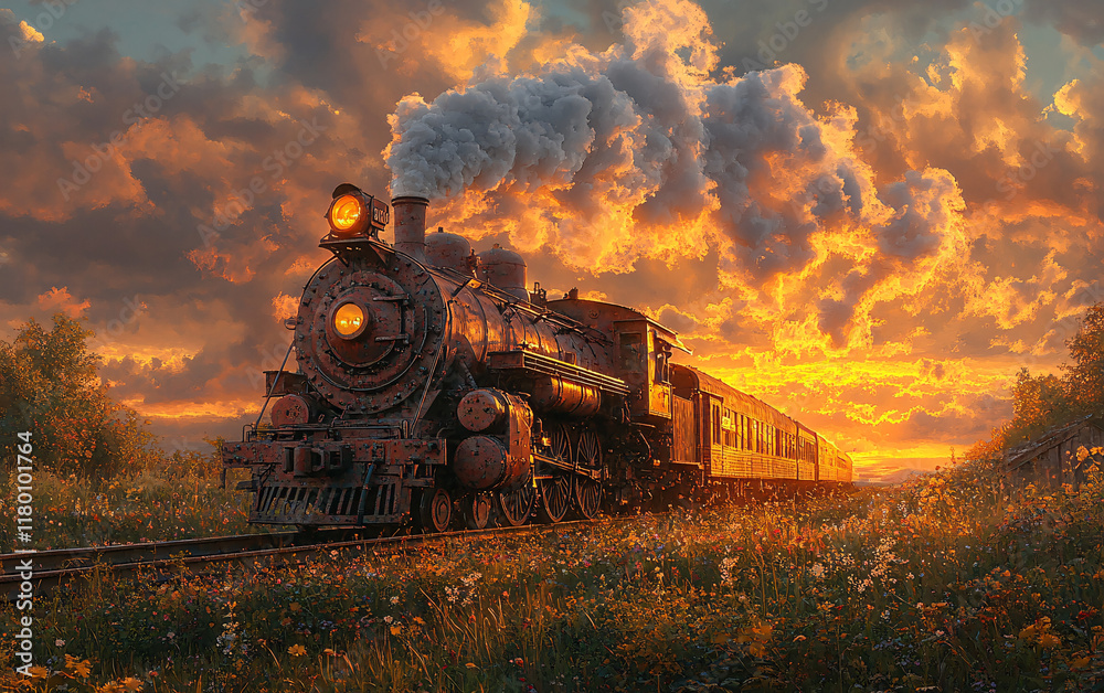 Fototapeta premium Vintage Steam Locomotive on Railway Tracks Surrounded by Scenic Nature and Dramatic Skies, Classic Travel and Transportation Theme with Nostalgic Design and Industrial Aesthetic