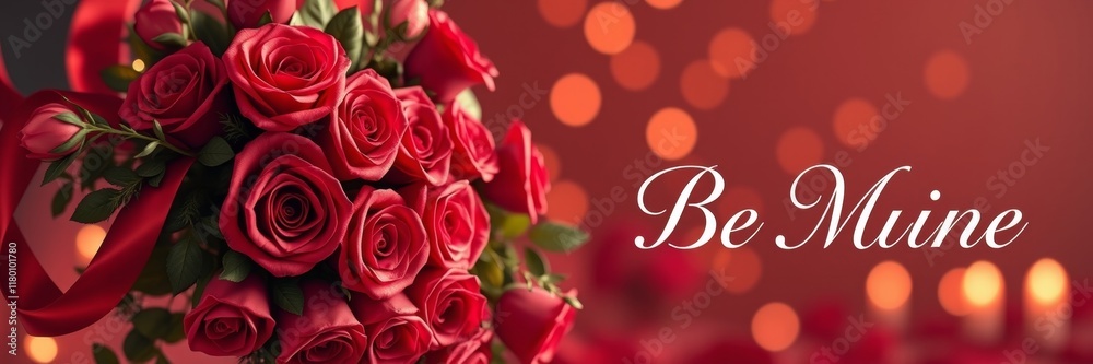 Red roses bouquet adorned with ribbons creating a romantic atmosphere celebrating love, featuring blurred bokeh lights in the background Red roses bouquet adorned with ribbons creating a romantic atmosphere celebrating love, featuring blurred bokeh lights in the background