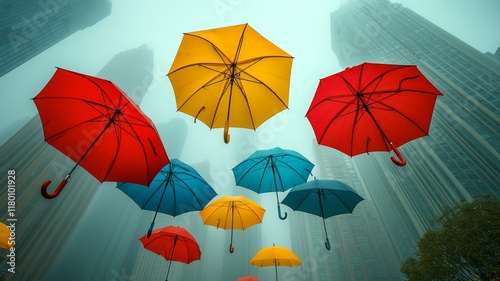 Colorful Umbrellas Floating Above a City Street