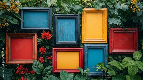 Colorful Picture Frames and Flowers on Garden Wall