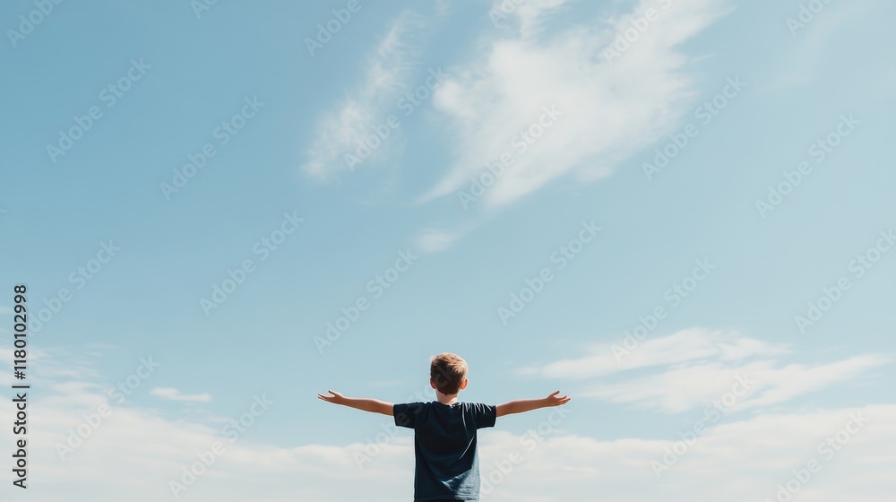 Boy with arms outstretched, enjoying vast blue sky and clouds. Boy with arms outstretched, enjoying vast blue sky and clouds.