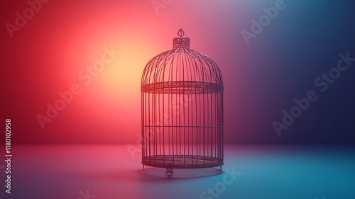 Silhouette of a Bird Cage Against Vibrant Gradient Background