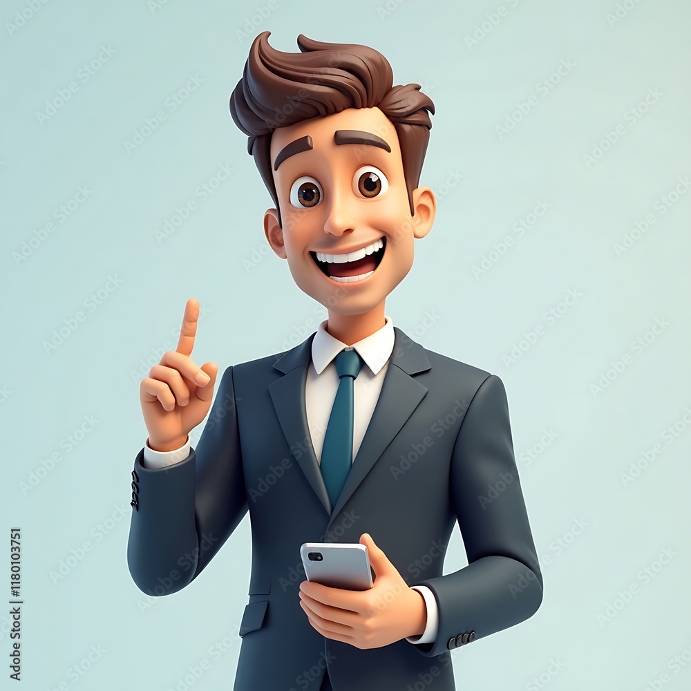 Smiling Cartoon Businessman Holding Phone, Idea Concept Smiling Cartoon Businessman Holding Phone, Idea Concept