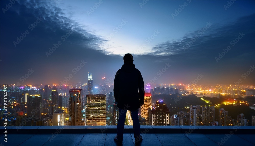 Silhouette of a man standing on the railing of a skyscraper rooftop, symbolizing anxiety and danger