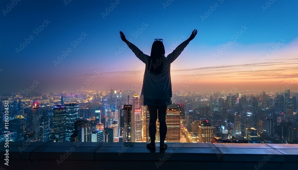 Silhouette of a man standing on the railing of a skyscraper rooftop, symbolizing anxiety and danger Silhouette of a man standing on the railing of a skyscraper rooftop, symbolizing anxiety and danger