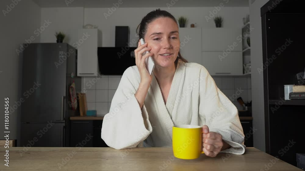 Domestic woman talking cellphone at apartment kitchen close up. Smiling relaxed girl calling smartphone drinking morning coffee alone in cuisine. Happy carefree housewife speaking mobile phone at home Domestic woman talking cellphone at apartment kitchen close up. Smiling relaxed girl calling smartphone drinking morning coffee alone in cuisine. Happy carefree housewife speaking mobile phone at home