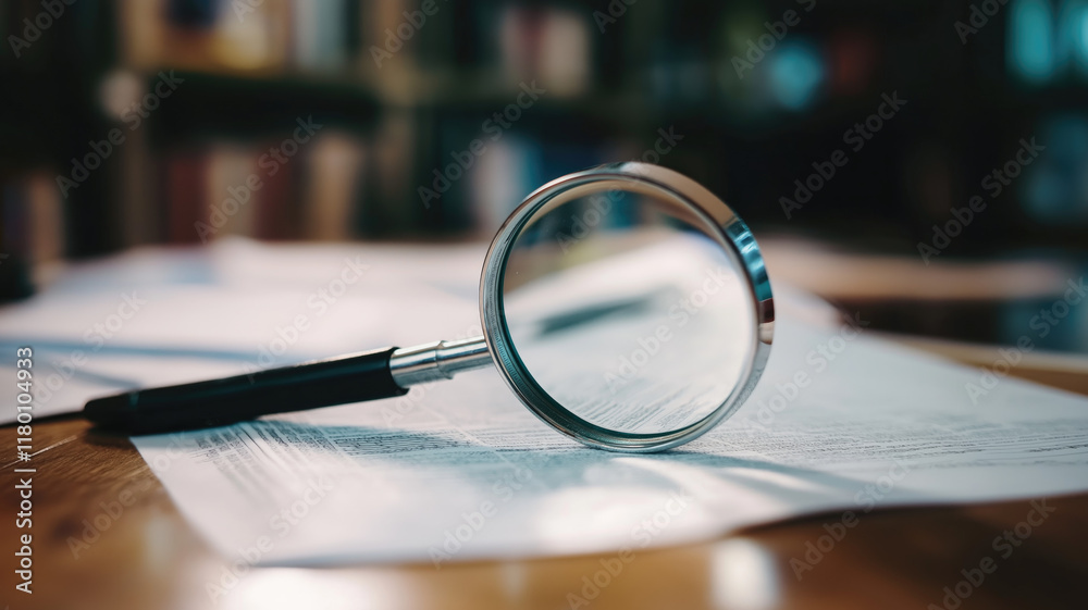 Fototapeta premium Magnifying glass and documents with analytics data lying on table, selective focus