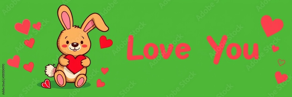 Cute cartoon bunny holding a red heart with a cheerful expression on a vibrant green background surrounded by red hearts conveying joy and affection for Valentine's Day Cute cartoon bunny holding a red heart with a cheerful expression on a vibrant green background surrounded by red hearts conveying joy and affection for Valentine's Day
