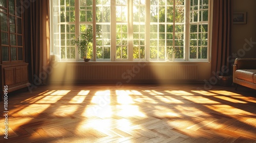 Sunlight streaming through windows onto a wooden floor.