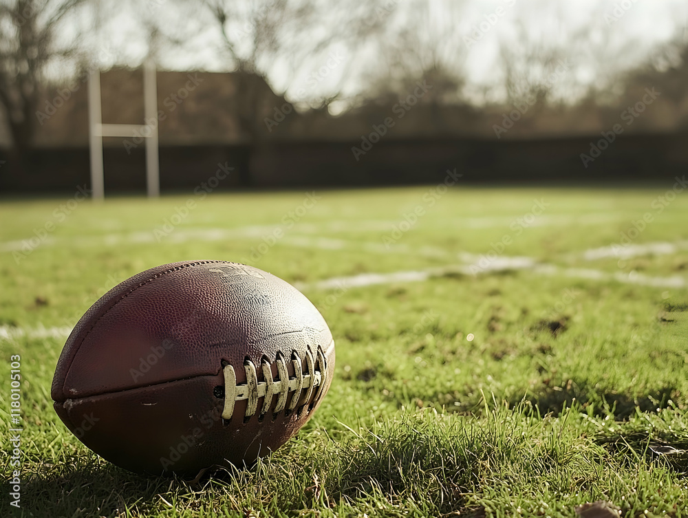 Obraz premium Brown football resting on green grass with white field markings and a goalpost in the background -