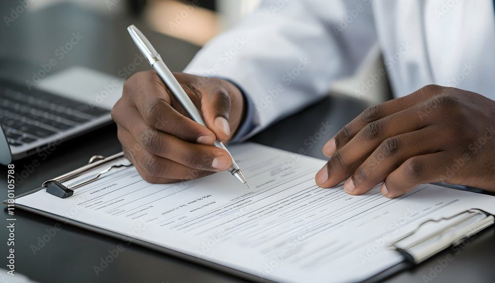Fototapeta premium Business professional filling out a form on a clipboard with a laptop nearby -