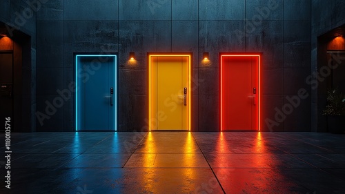 Colorful Doors in a Futuristic Neon-Lit Hallway