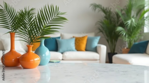 a close-up of a coffee table in a living room. The table features two colorful vases with palm leaves, one in blue and one in orange.