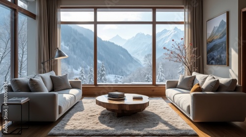 a modern living room with a breathtaking view. A large window wall dominates the space, offering panoramic vistas of snow-capped mountains and a dense forest. 