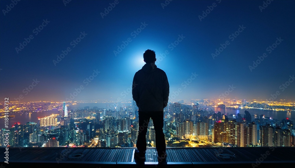 Silhouette of a man standing on the railing of a skyscraper rooftop, symbolizing anxiety and danger Silhouette of a man standing on the railing of a skyscraper rooftop, symbolizing anxiety and danger