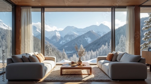 a modern living room with a breathtaking view. A large window wall dominates the space, offering panoramic vistas of snow-capped mountains and a dense forest. 