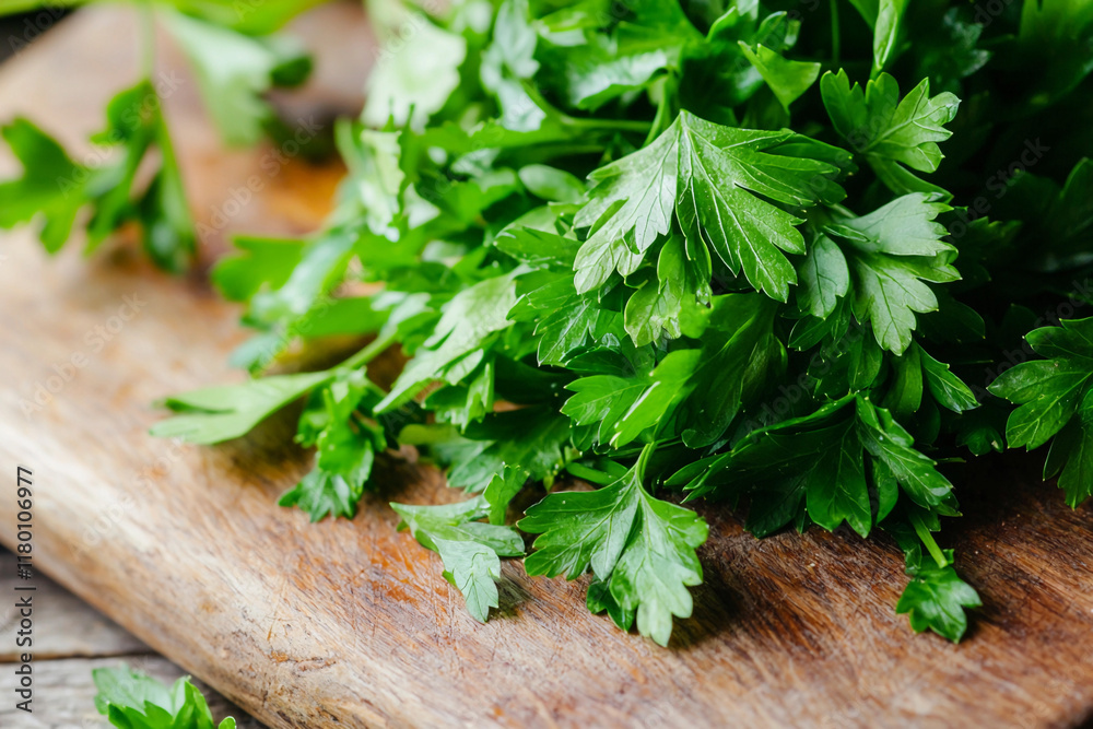 Fresh parsley on cutting board ready for meal prep Fresh parsley on cutting board ready for meal prep