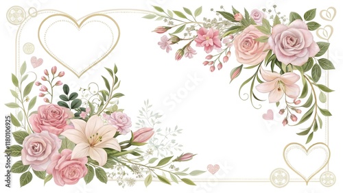 Collection of floral borders and compositions with glass hearts and wedding flowers. Template for Invitation or greeting card
