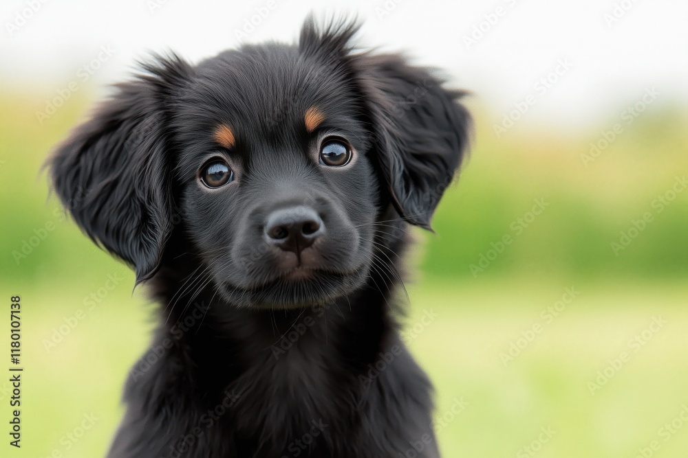 Adorable black puppy with floppy ears in green field Adorable black puppy with floppy ears in green field