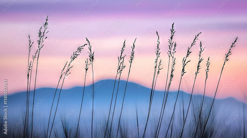 A field of tall grass in front of a vibrant purple and blue sky, with a majestic mountain in the background A field of tall grass in front of a vibrant purple and blue sky, with a majestic mountain in the background