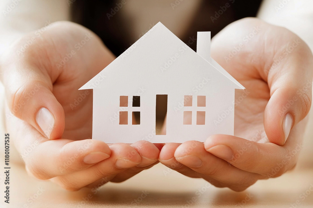 Holding a paper house representing home and safety Holding a paper house representing home and safety