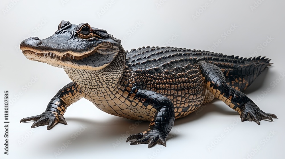 Naklejka premium Young alligator on white background, showcasing its scales, teeth, and claws.