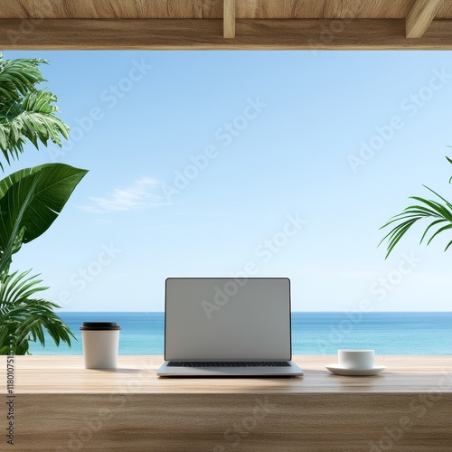 Serene Coastal Workspace with Laptop on Wooden Desk Surrounded by Tropical Plants and Ocean View, Ideal for Remote Work and Relaxation in Nature