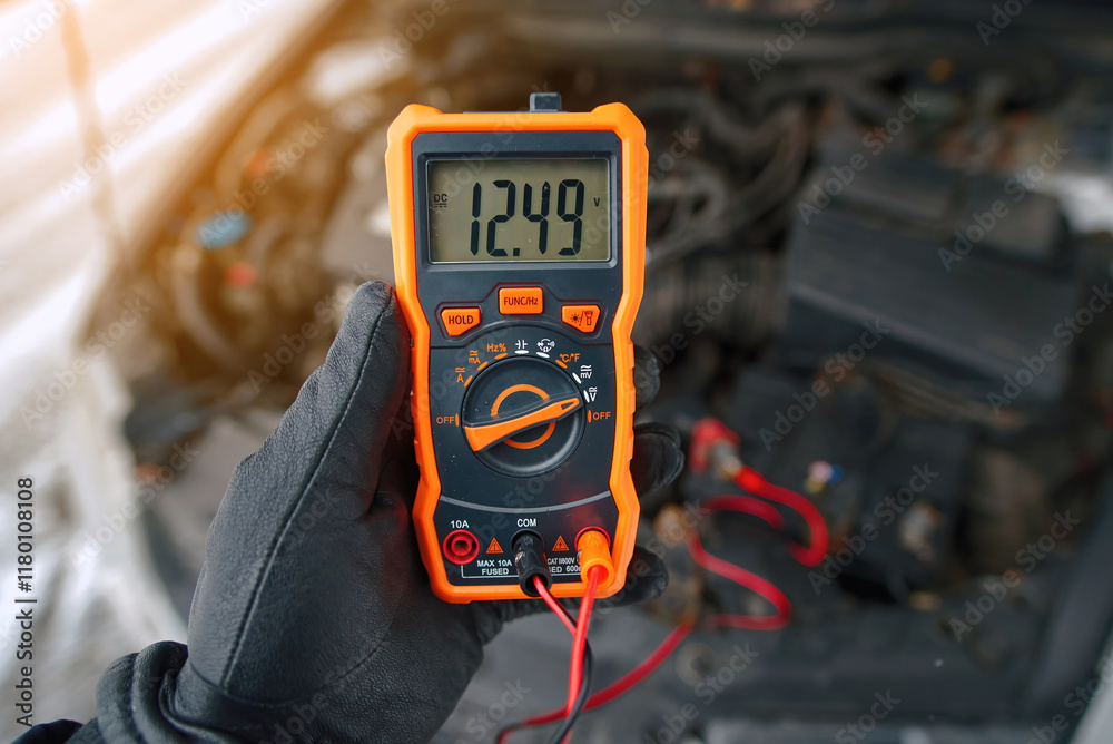 Man using multimeter to measure car battery voltage level during winter maintenance, alternator producing 12.49 volts with engine idling, bad alternator. Alternator malfunction