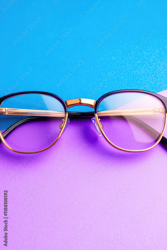 Closeup trendy fashion eye glasses on creative colored background, concept for store of stylish trendy eye products, copy space Closeup trendy fashion eye glasses on creative colored background, concept for store of stylish trendy eye products, copy space
