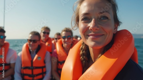 Happy Moments During a Scenic Boat Ride with Friends. Vibrant Group Boating Adventure with Life Jackets.