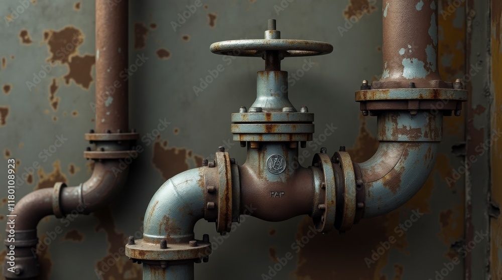 a close-up of an industrial pipe system. Several pipes, varying in size and shape, are connected together with flanges and bolts. One pipe features a prominent valve with a large handwheel. a close-up of an industrial pipe system. Several pipes, varying in size and shape, are connected together with flanges and bolts. One pipe features a prominent valve with a large handwheel.