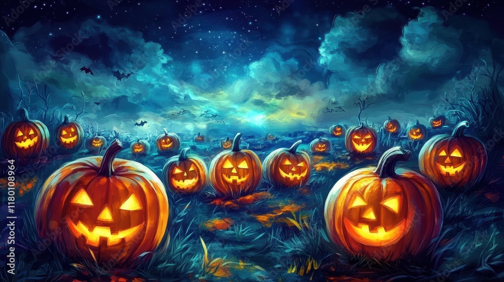 Fototapeta premium Illuminated Jackolanterns in a Spooky Halloween Field