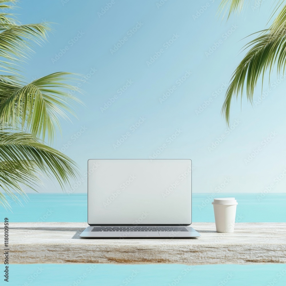 A serene coastal workspace featuring a laptop on a wooden table with palm leaves, a coffee cup, and a pristine blue ocean background, perfect for digital nomads and summer inspiration. A serene coastal workspace featuring a laptop on a wooden table with palm leaves, a coffee cup, and a pristine blue ocean background, perfect for digital nomads and summer inspiration.
