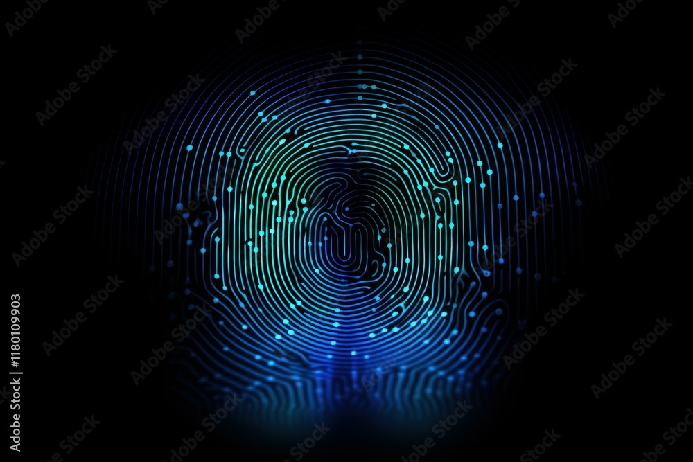 Fingerprint glowing with electronic circuits, symbolizing biometric identification and data security