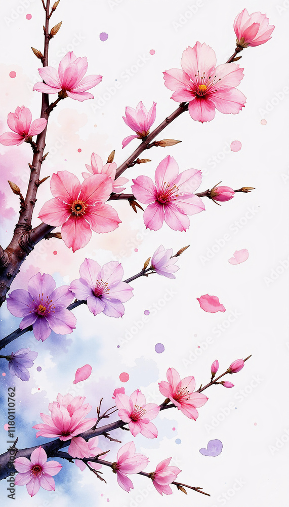 Fototapeta premium Cherry blossom branches with pink and purple flowers in watercolor style 