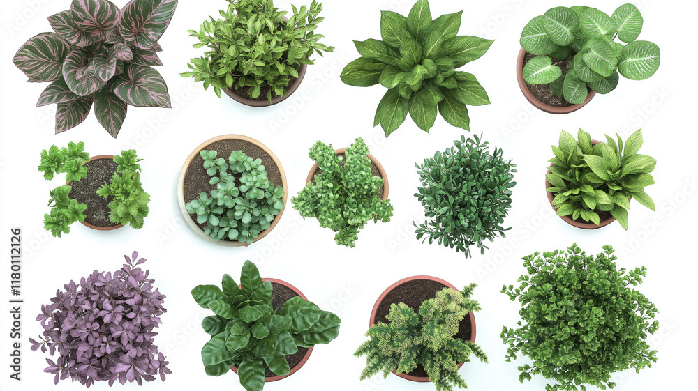 Naklejka premium Set Of Various Potted House Plants. Top Plan View. Isolated Template For Interior Scene