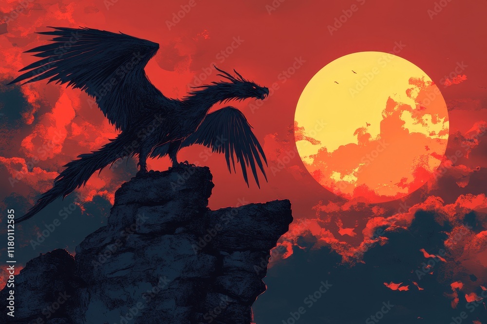 Winged Dragon Perched Upon High Rock at Sunset Winged Dragon Perched Upon High Rock at Sunset