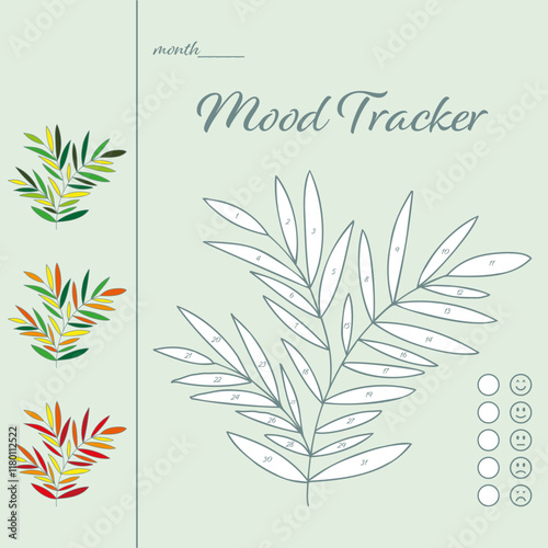Printable mood tracker for month. Tracker with hand drawn branch with leaves for tracking your daily mood for 31 days. Digital planner. 