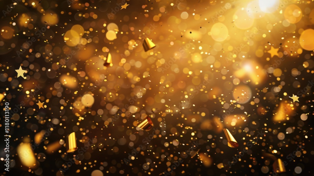 Naklejka premium Glowing Gold Confetti and Stars Illuminate Celebration Vibes, Generative AI