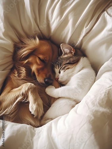 A photo of a dog and a cat napping side by side on a cozy bed. photo