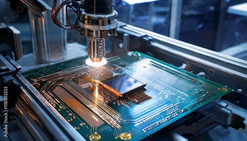 Precision robotic equipment assembles chips during the semiconductor packaging process, highlighting the transparent cover and glossy circuitry photo