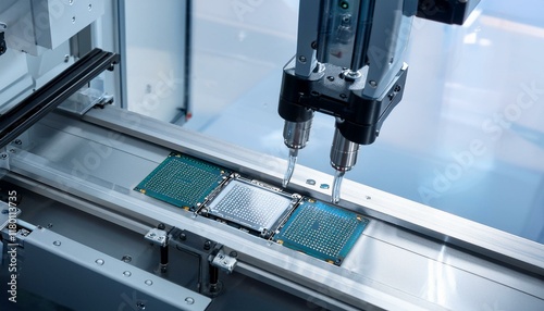 Precision robotic equipment assembles chips during the semiconductor packaging process, highlighting the transparent cover and glossy circuitry photo