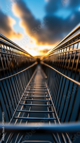 A shopping cart with the sun setting in the background