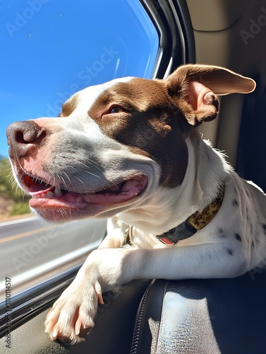 A photo of a dog enjoying a car ride with its head out the window on a sunny day.