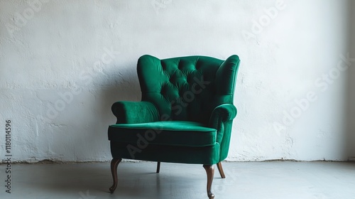 Empty white wall background with a green armchair in the foreground in a living room.