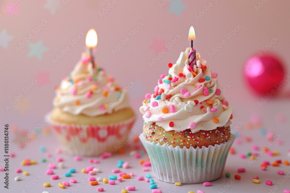 Two delicious birthday cupcakes with lit candles are sitting on a pink background with colorful sprinkles Two delicious birthday cupcakes with lit candles are sitting on a pink background with colorful sprinkles